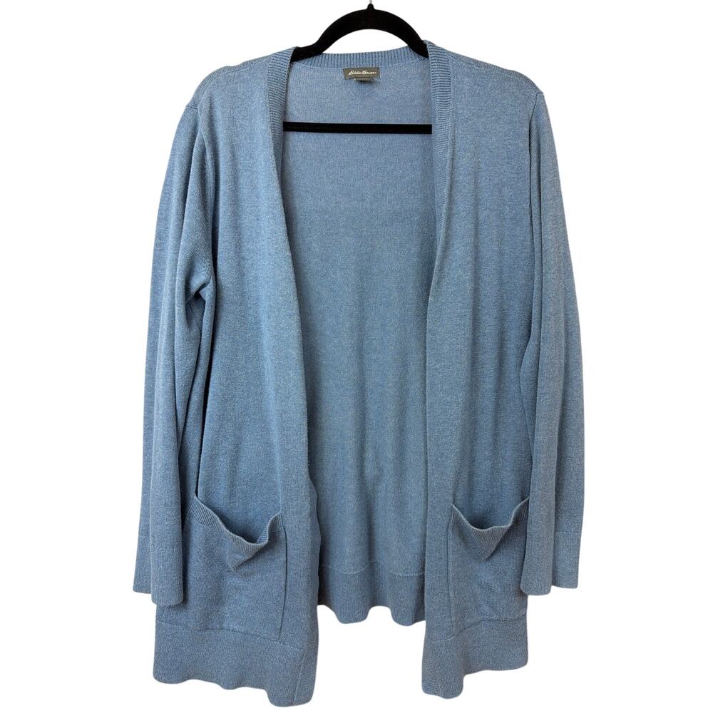 Eddie Bauer Blue Open Front Cotton Cardigan Sweater Pockets Size L